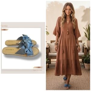 🌿Serra Womens 9 Espadrilles Slide On Denim Bow-Knot Sandals